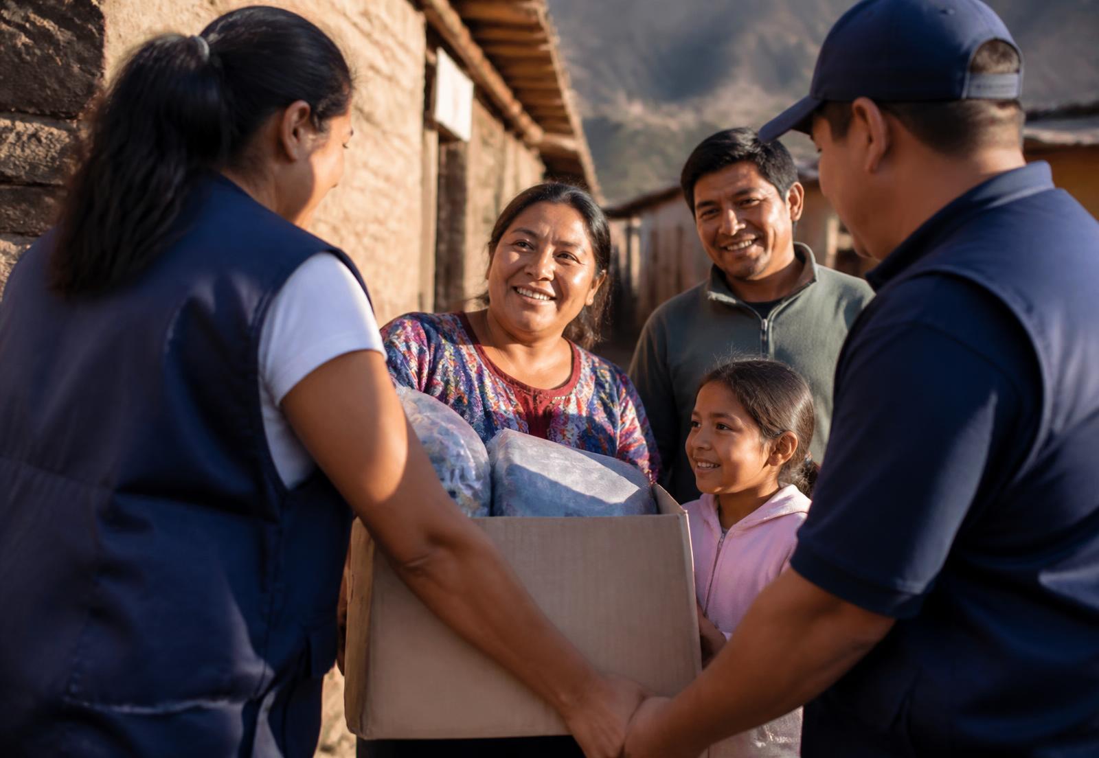 Voluntarias de DonAcción entregando una caja de frazadas a una familia
